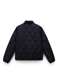 Black quilted jacket with a high collar, featuring a textured wave pattern and elastic cuffs. The design is padded for insulation.