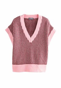 Pletený svetr má hluboký V-výstřih, krátké rukávy, vzor houndstooth v červené a růžové barvě a žebrovaný růžový lem a výstřih.