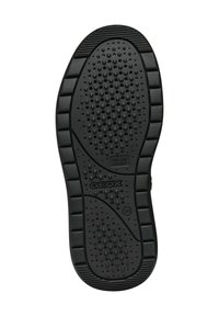 Czarna gumowa podeszwa o teksturowej powierzchni, z małymi okrągłymi i prostokątnymi wzorami oraz logo nadrukowanym na spodzie.