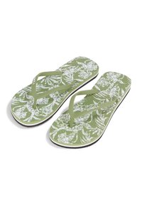 Grønne flip-flops med hvidt botanisk mønster, struktureret fodsenge og tynde stropper. Har en sort ydersål og trykt branding på toppen.