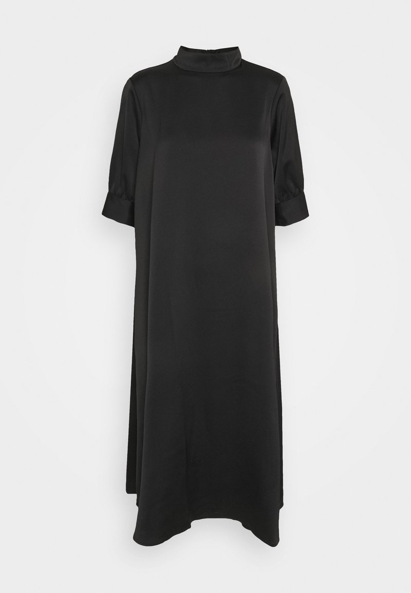 Robe midi noire avec col montant, manches coudes avec poignets, et coupe droite décontractée sur fond uni.