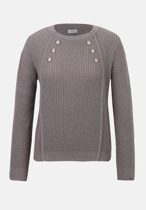 Szürke kötött pulóver bordázott textúrával, kerek nyakkivágással és öt díszgombbal az elején. Hosszú ujjú, testhezálló fazonú.