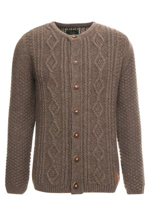 Brauner gestrickter Cardigan mit strukturiertem Muster, runder Halsausschnitt, Knopfverschluss vorne sowie gerippten Bündchen und Saum.