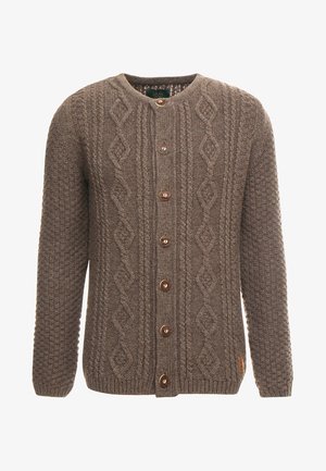 Brauner gestrickter Cardigan mit strukturiertem Muster, runder Halsausschnitt, Knopfverschluss vorne sowie gerippten Bündchen und Saum.