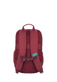 Maroon backpack with a mesh back, padded straps, and a teal accent. Features adjustable straps and a central buckle. Plain design, no patterns.