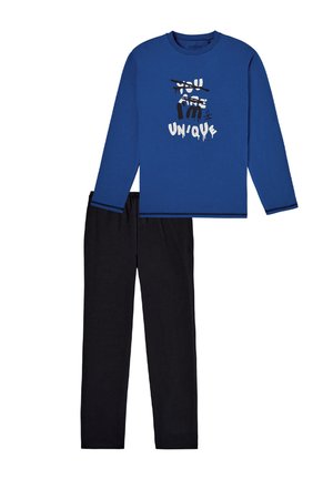 Blue long-sleeve shirt with black accents and a graphic text design, paired with black pants, made from soft fabric for comfort.