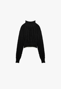 Sort struktureret pullover-sweater med høj hals, indsamlede ærmer og cropped kant. Blødt stof med en afslappet pasform og finish.