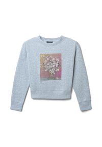 Felpa grigia con un design corto, caratterizzata da una stampa floreale colorata in un vaso sulla parte anteriore, e un colletto e polsini a coste.