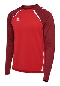 Rotes Langarm-Sportshirt mit burgunderfarbenen Akzenten, weißen Seitenstreifen und Rundhalsausschnitt. Aus leichtem, atmungsaktiven Material gefertigt.