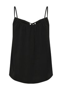 Top senza maniche nero con spalline sottili regolabili, tessuto arricciato lungo il colletto e vestibilità rilassata con orlo curvato.