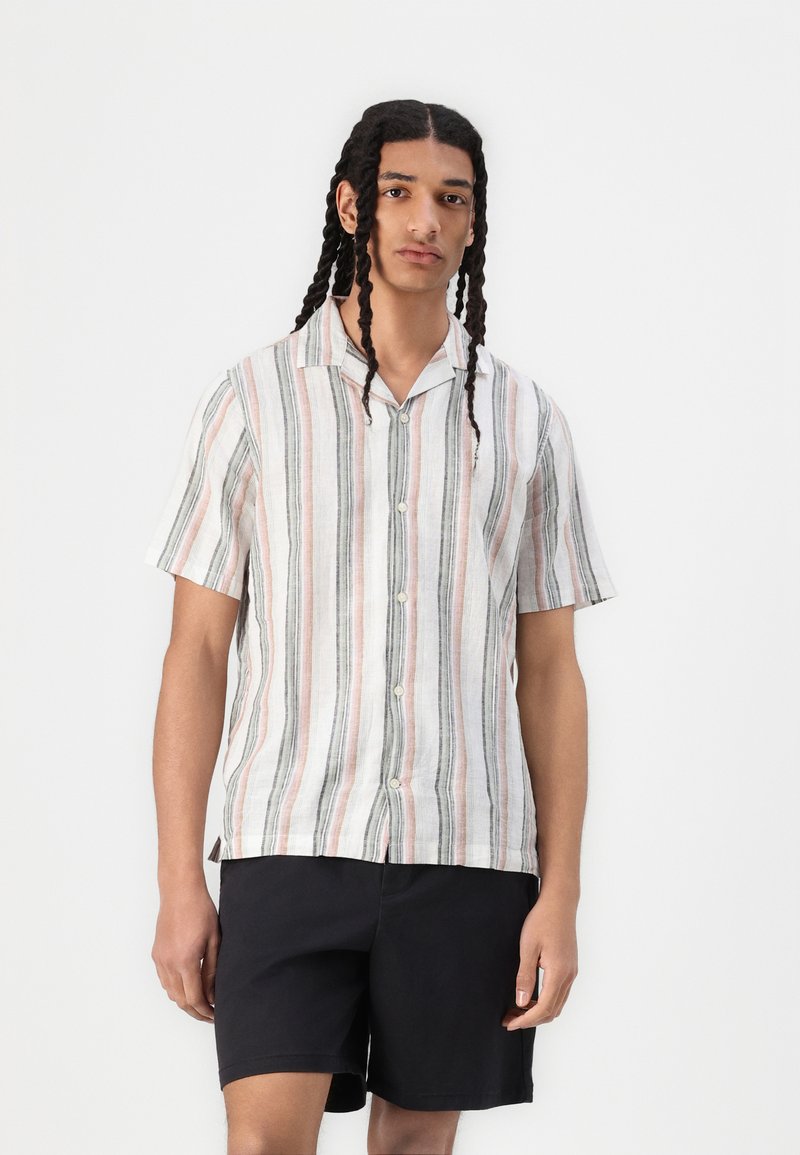 Short-sleeve button-up shirt in light fabric featuring vertical stripes in pink, gray, and white; paired with black shorts.