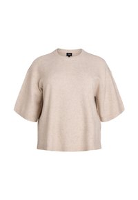 Beige short-sleeve knit sweater with a round neckline and relaxed fit. Soft texture, minimal design, and ribbed hem detailing.