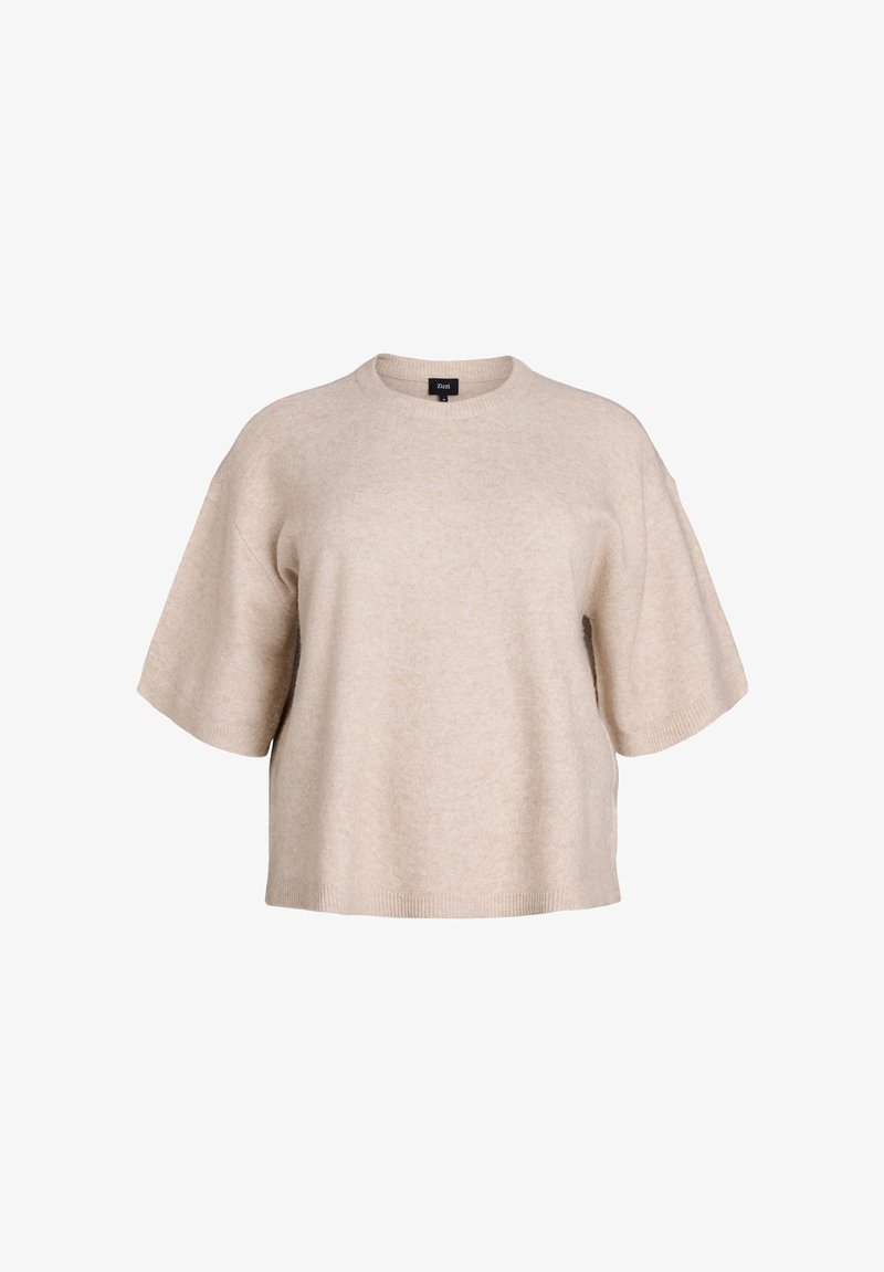 Beige pletený svetr s krátkým rukávem, kulatým výstřihem a volným střihem. Měkká textura, minimalistický design a žebrované detaily na lemu.