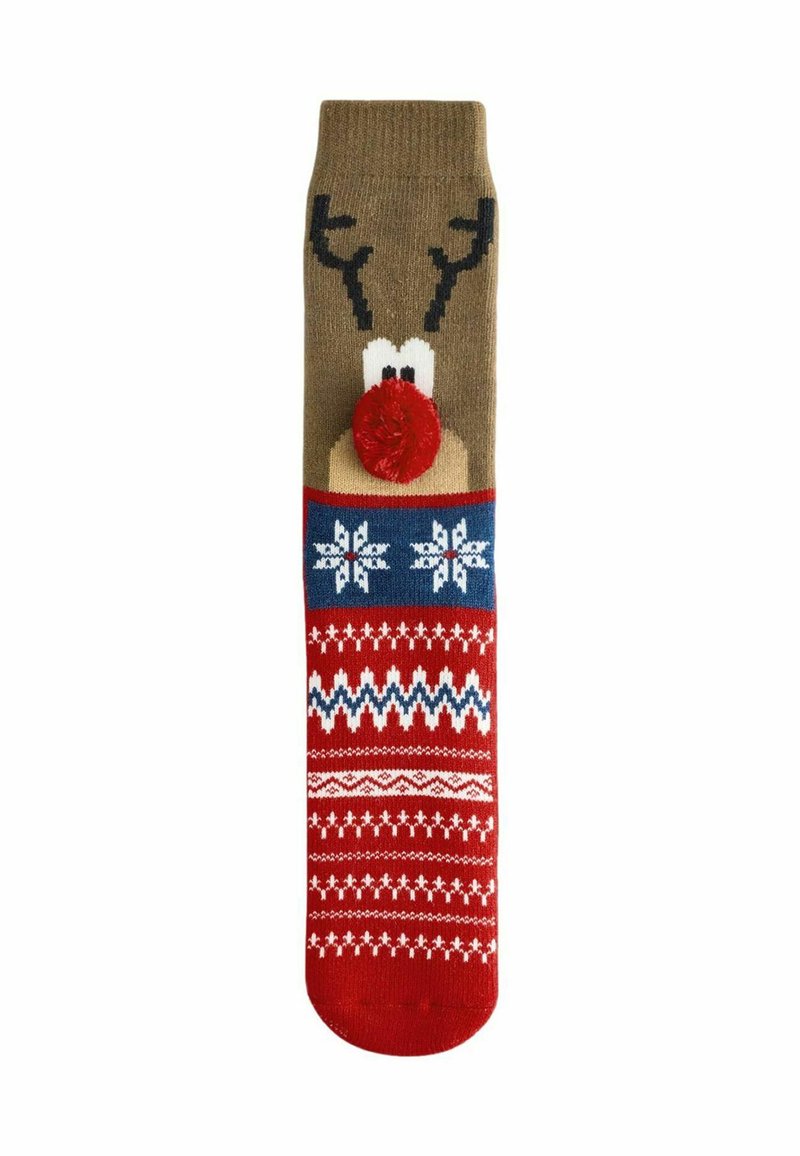 Knit sock featuring a reindeer design with brown, red, and blue sections, pom-pom nose, antler patterns, and snowflake motifs.