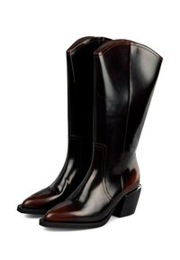 Botas de vaquero de cuero marrón con un acabado brillante, punteras puntiagudas, bocas acampanadas y tacones de bloque, con detalles de costura en contraste.