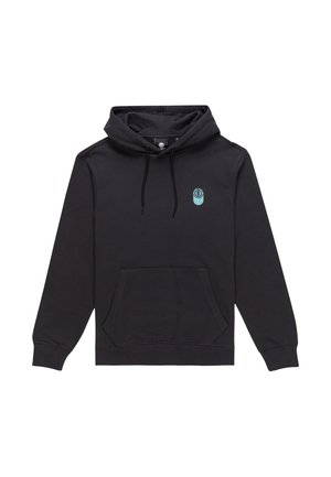 Black hooded sweatshirt made of cotton blend, featuring a front pocket, drawstrings, and a small blue logo on the chest.