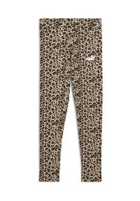 Leggings con stampa leopardata caratterizzati da una base marrone chiaro con macchie nere e marroni, realizzati in tessuto elasticizzato. Logo stampato in bianco sul lato.