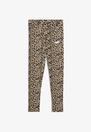 Legginsy w cętki lamparta z jasnobrązowym tłem i czarnymi oraz brązowymi plamkami, wykonane z elastycznego materiału. Logo nadrukowane na boku w kolorze białym.