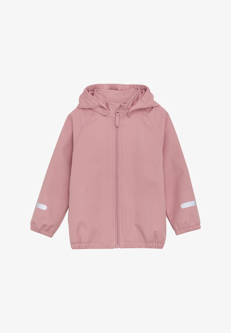 Leichte, rosa Jacke mit Kapuze, langen Ärmeln, Reißverschluss, elastischen Bündchen und reflektierenden Akzenten an den Ärmeln. Glatte Stoffoberfläche.