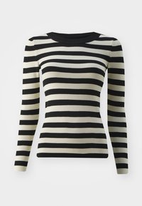 Sweter z długim rękawem z prążkowanym wzorem, charakteryzujący się poziomymi czarnymi i kremowymi paskami. Klasyczny okrągły dekolt i dopasowany krój.