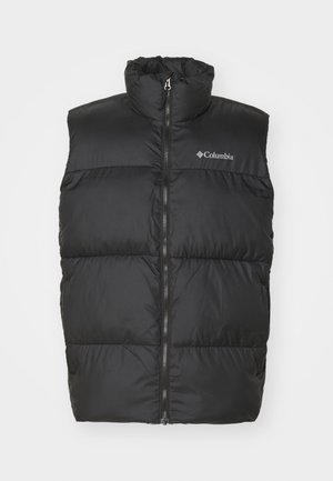 Black puffer vest with high collar and front zipper. Made of smooth, lightweight material. Features horizontal quilted sections.