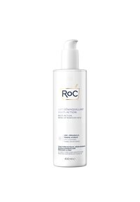 Heldere plastic fles met een pompdispenser, gelabeld "ROC Multi-Action Make-Up Remover Milk." Witte en paarse uitstraling, 400 ml capaciteit.