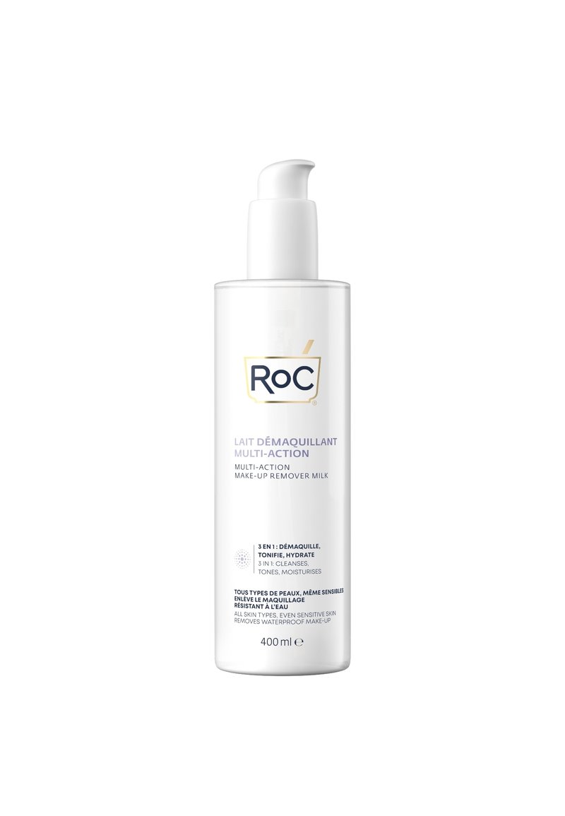 Heldere plastic fles met een pompdispenser, gelabeld "ROC Multi-Action Make-Up Remover Milk." Witte en paarse uitstraling, 400 ml capaciteit.