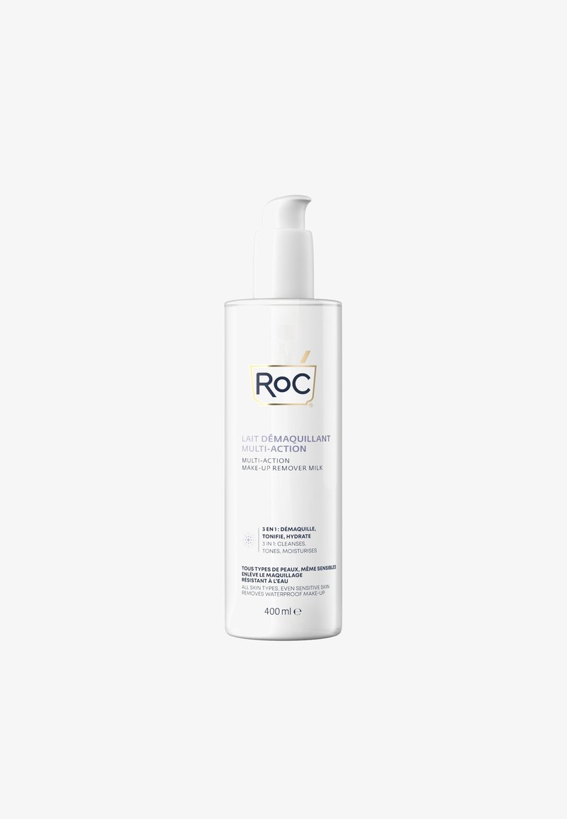 Heldere plastic fles met een pompdispenser, gelabeld "ROC Multi-Action Make-Up Remover Milk." Witte en paarse uitstraling, 400 ml capaciteit.