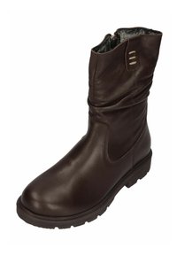 Brun læderankelstøvle med en let rynket skaft, lynlås i siden, rund tå og en struktureret gummisål. Foret indvendigt for komfort.