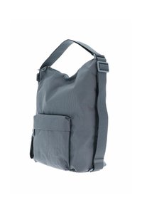 Borsa a spalla grigia in tessuto con superficie texturizzata, tasca frontale, tracolla regolabile e scomparto principale con zip.