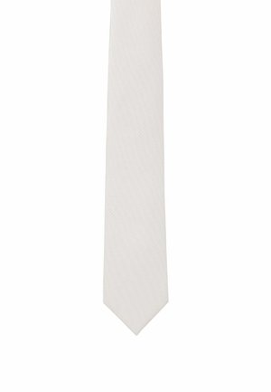 White tie, textured fabric, narrow shape, pointed end. Simple design with no patterns or accents. Suitable for formal occasions.