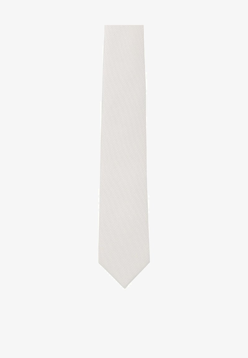 White tie, textured fabric, narrow shape, pointed end. Simple design with no patterns or accents. Suitable for formal occasions.