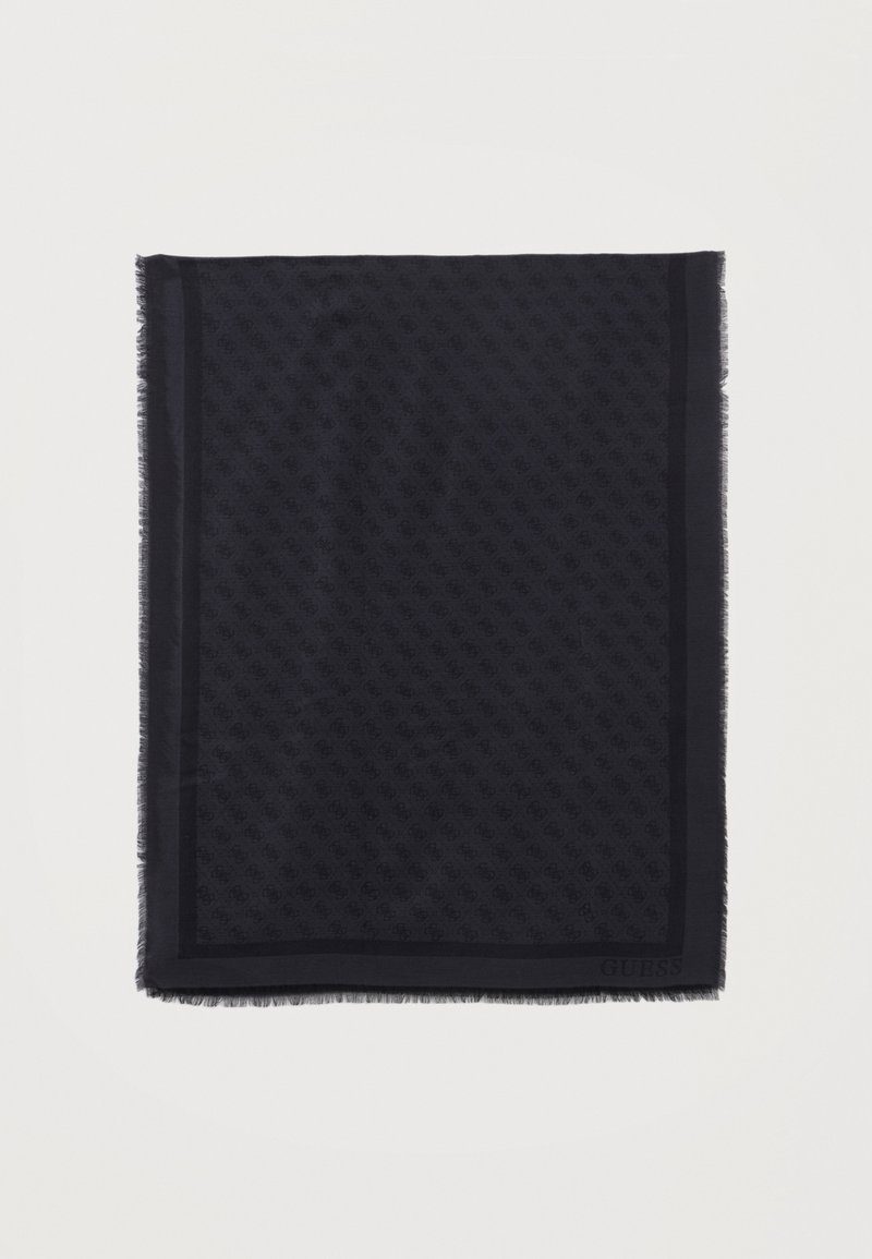 Écharpe rectangulaire bleu marine foncé avec un motif monogramme subtil et une petite frange sur les bords, bord clair encadrant le design, logo Guess dans un coin.