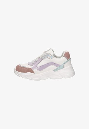 White chunky sneaker with pastel purple, pink suede, holographic and light blue accents, thick sole, and white laces.
