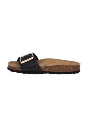Black slide sandal with a textured strap, a metal buckle, and a cork footbed. Features a rubber sole for grip and comfort.