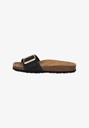 Black slide sandal with a textured strap, a metal buckle, and a cork footbed. Features a rubber sole for grip and comfort.