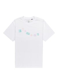Witte katoenen t-shirt met gebogen tekst "Element" in pastelkleuren: mintgroen, lichtblauw, lavendel en roze. Korte mouwen, ronde hals.