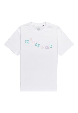 T-shirt en coton blanc avec un texte courbé "Element" dans des couleurs pastel : vert menthe, bleu clair, lavande et rose. Manches courtes, encolure ras du cou.