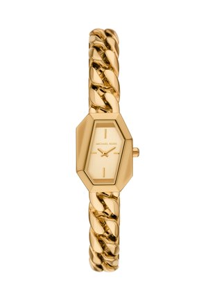 Orologio da polso donna tono oro con cassa geometrica, quadrante minimalista e cinturino a maglie chunky.