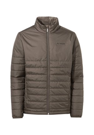 Giacca imbottita con zip di colore verde oliva, dotata di colletto alto, caratterizzata da cuciture orizzontali e un logo del marchio discreto sul petto.