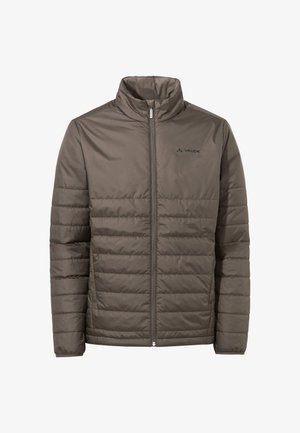 Giacca imbottita con zip di colore verde oliva, dotata di colletto alto, caratterizzata da cuciture orizzontali e un logo del marchio discreto sul petto.