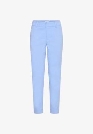 Svetlo modre ozke hlače dolžine do gležnjev z zankami za pas, sprednjo zadrgo in ravnim sprednjim delom.