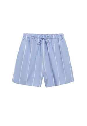 Shorts en coton bleu avec des rayures verticales blanches, taille élastique et cordon de serrage ajustable. Comprend une poche latérale et une coupe décontractée.