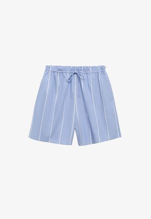 Shorts din bumbac albastru cu dungi verticale albe, talie elastică și șnur ajustabil. Include un buzunar lateral și o croială lejeră.