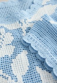 Lyseblåt hæklet stof med hvide mønstre. Har bølget kant og en struktureret vævning. Blødt, let og detaljeret design.