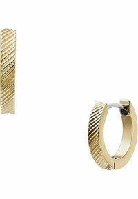 Ohrringe aus goldfarbenem Metall in Form von Reifen, mit gerippter Textur, kreisförmigem Design und sicherem Verschluss. Abgesetzt mit polierten Bereichen für einen Kontrast.