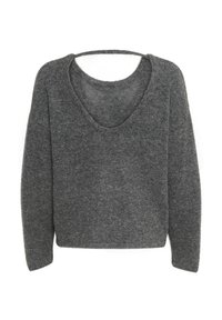 Gray sweater made of soft knit material, featuring a wide scoop neckline and long sleeves. Simple, relaxed fit with no visible patterns or hardware.