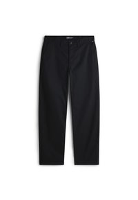 Schwarze Hosen aus einem Baumwollmischgewebe, mit einem geraden Bein, seitlichen Taschen und einem Knopfverschluss. Keine sichtbaren Muster oder Logos.