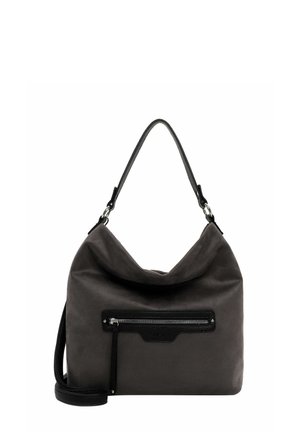 Sac en tissu gris au design décontracté, doté d'une poche avant zippée noire et d'une seule bandoulière. Texture lisse et accents minimaux.