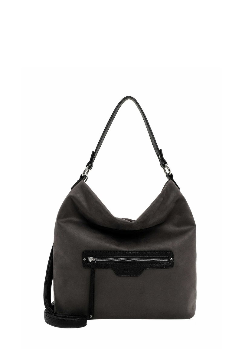 Graue Stoffhandtasche mit lässigem Design, ausgestattet mit einer schwarzen Reißverschluss-Fronttasche und einem einzelnen Schulterriemen. Glatte Textur und minimale Akzente.